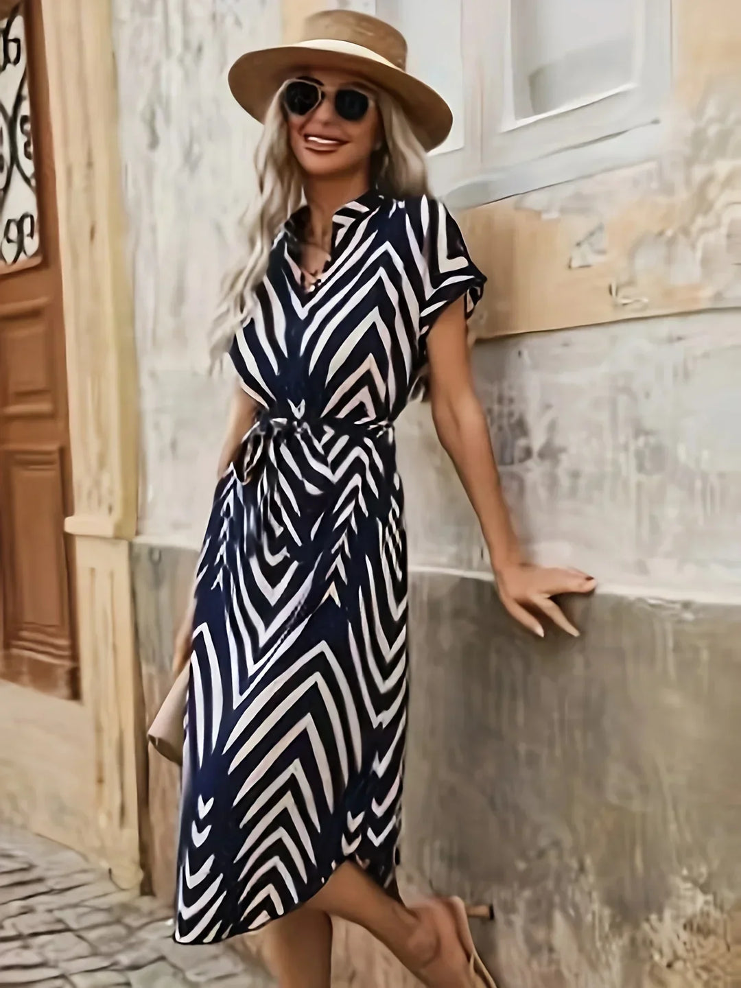 Elly | Geometric Print Dress with Tie Belt